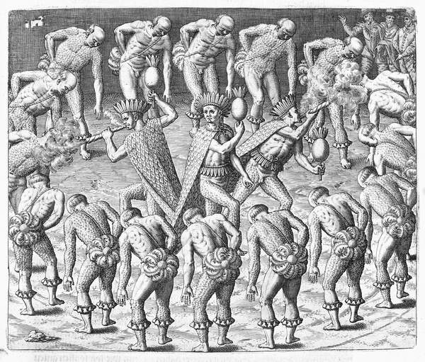 Índios Tupinambás observados por Hans Staden durante sua viagem ao Brasil, em 1552, de Newe Welt und Americanische Historien, de Johann Ludwig Gottfried, publicado por Mattaeus Merian, Frankfurt, 1631 (gravura).
